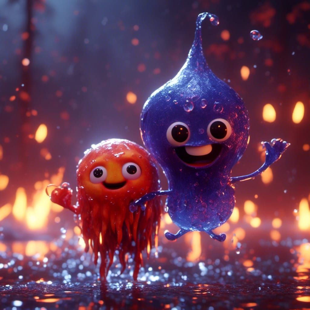 Cute Fire Man and Water Drop Holding Hands