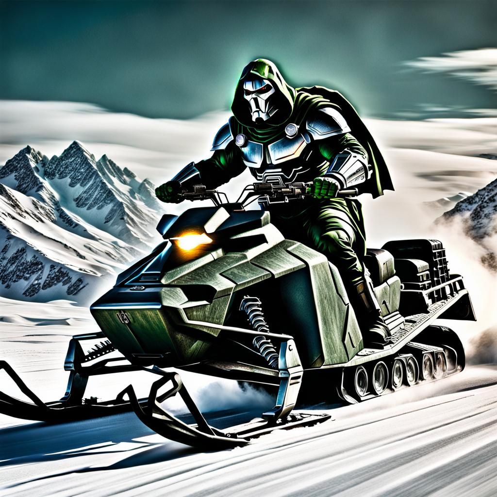 Doctor Doom on Snowmobile: Hyperrealistic Action Scene