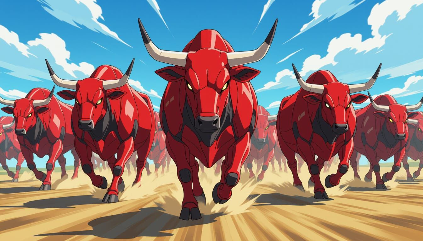 Red Robotic Bulls Charge Forward in Anime Style