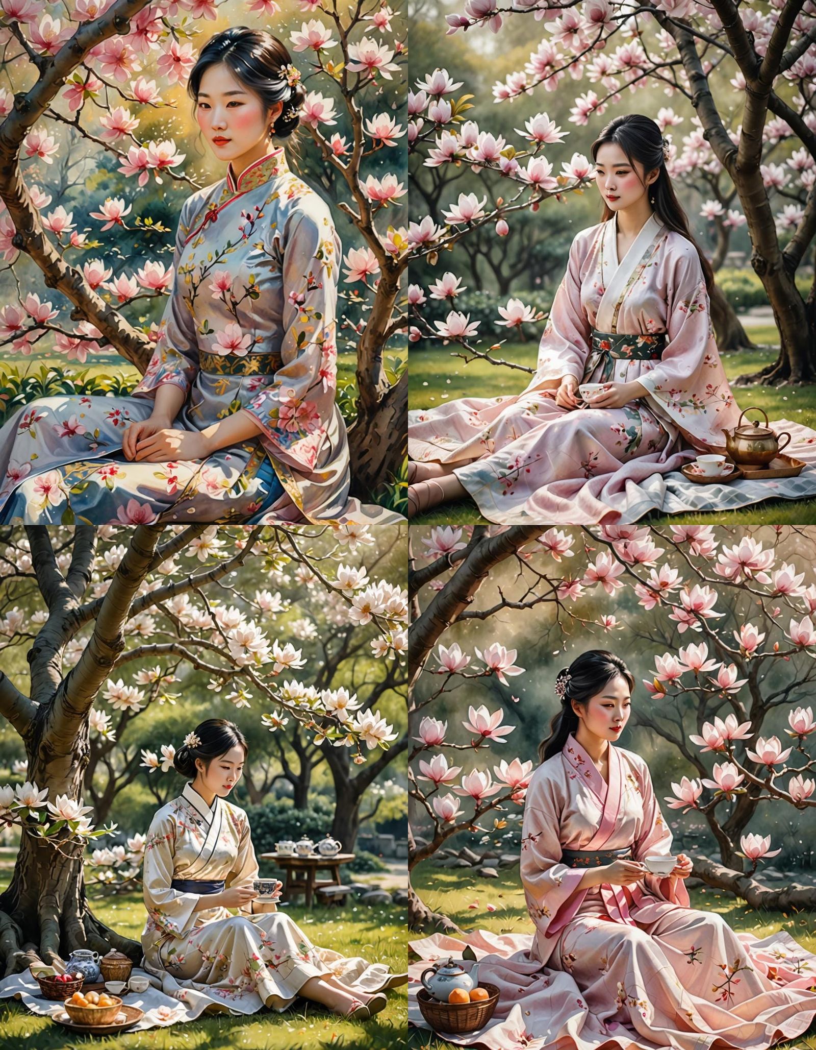 Elegant Chinese Girl's Picnic: Watercolour Serenity