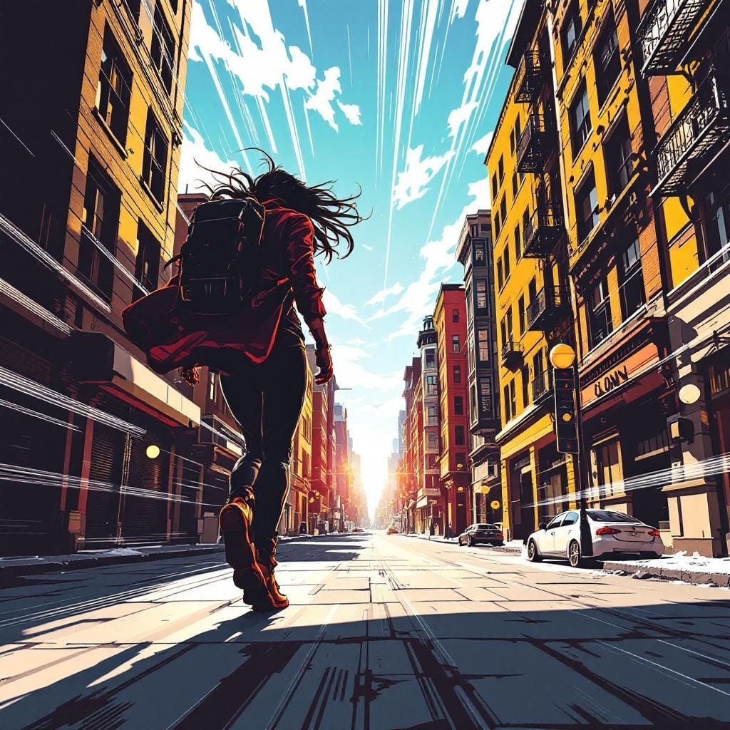 Dynamic Comic Art: Woman Walking Down Quiet Street