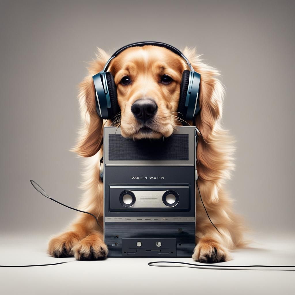 Dog Listens to Walkman with Headphones