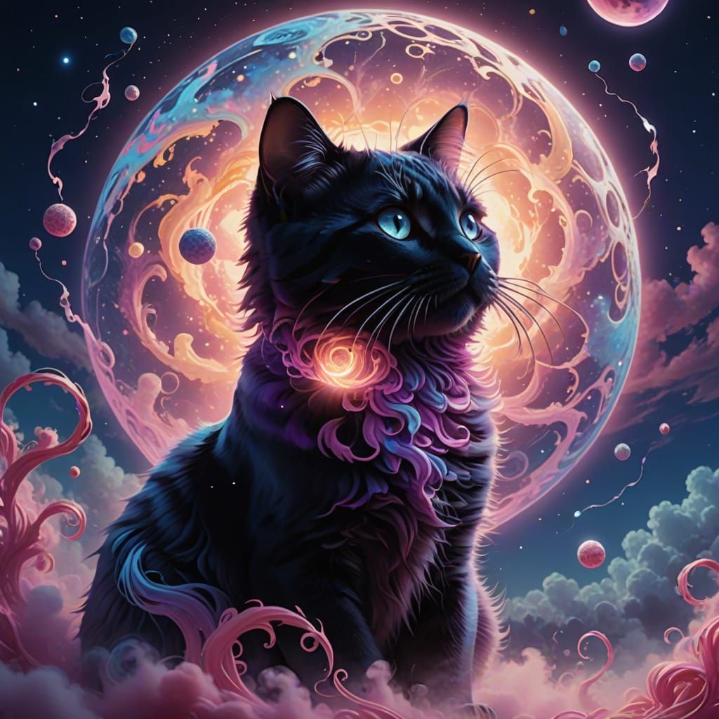 Surreal Cat Silhouette Reaches for Ethereal Moon Yarn in Cos...