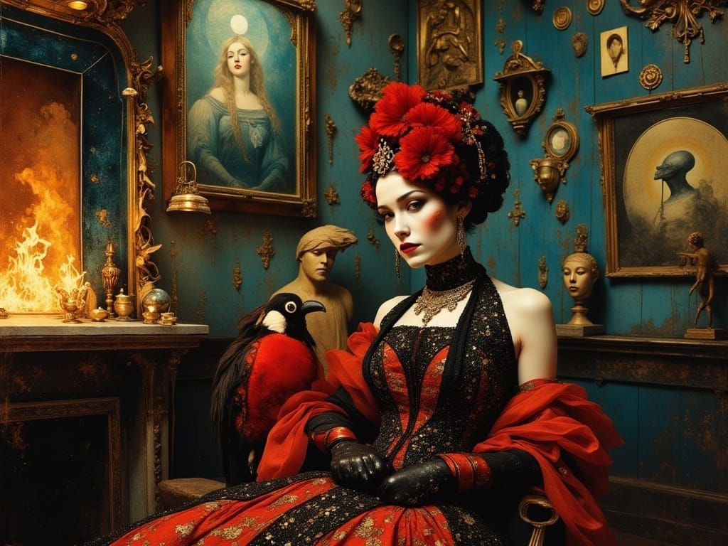 Red Baroness and Toucan Tea Party in Ornate Salon