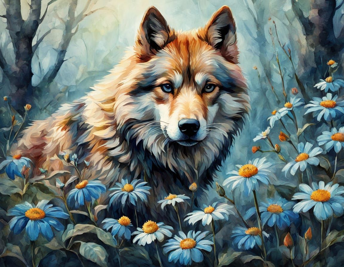 Wild Whispers: Two Blue-Eyed Fox Cubs in a Floral Wonderland