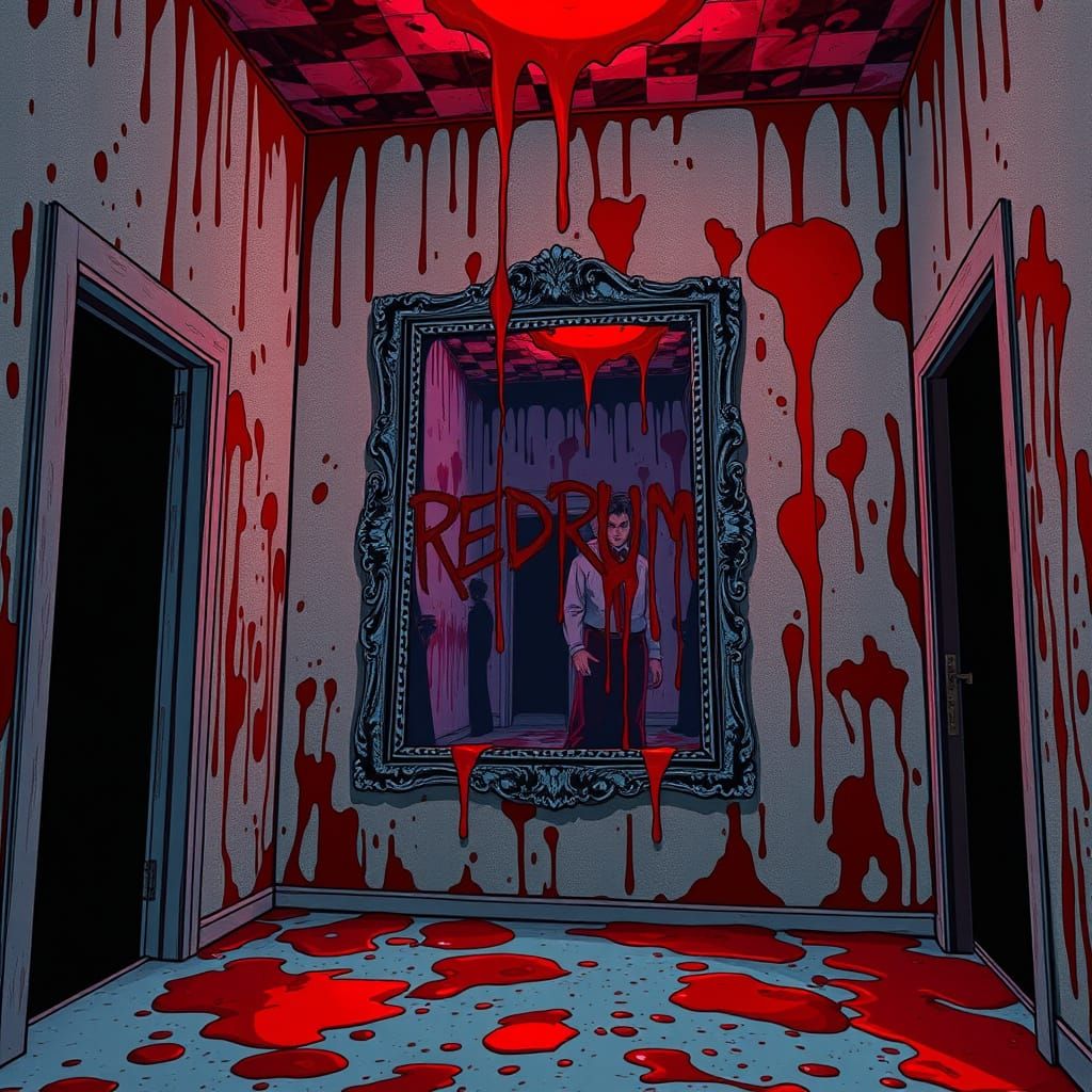 Horror Room With 'REDRUM' Mirror in 90s Anime Style