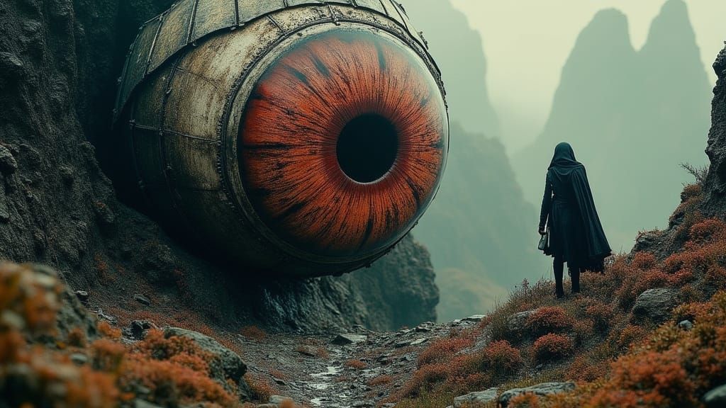 Menacing Dystopian Eyeball in Biomechanical Horror Style