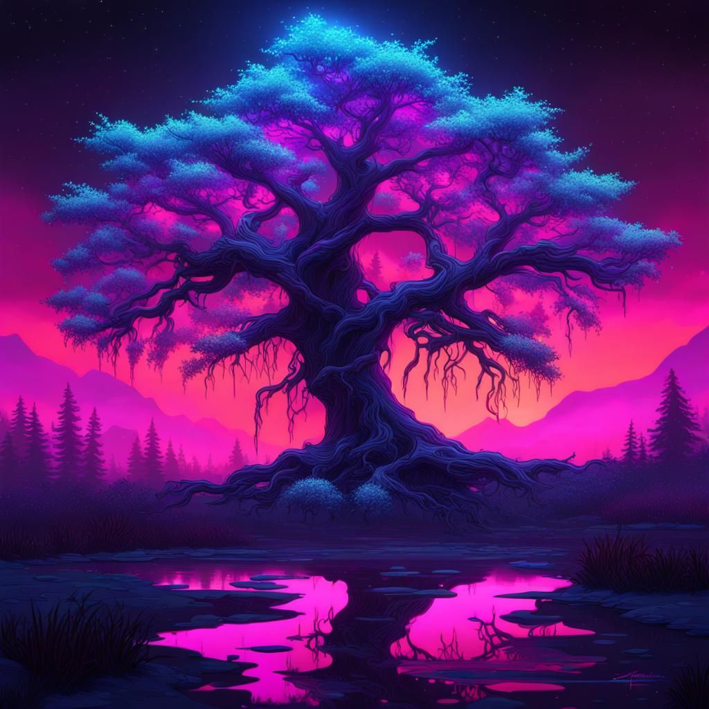 Fluorescent Tree Under Neon Sky: Blacklight Art