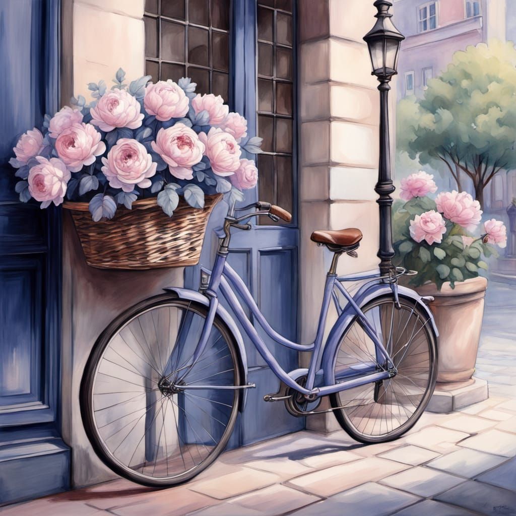 Ethereal Woman Poses with Vintage Bicycle and Roses