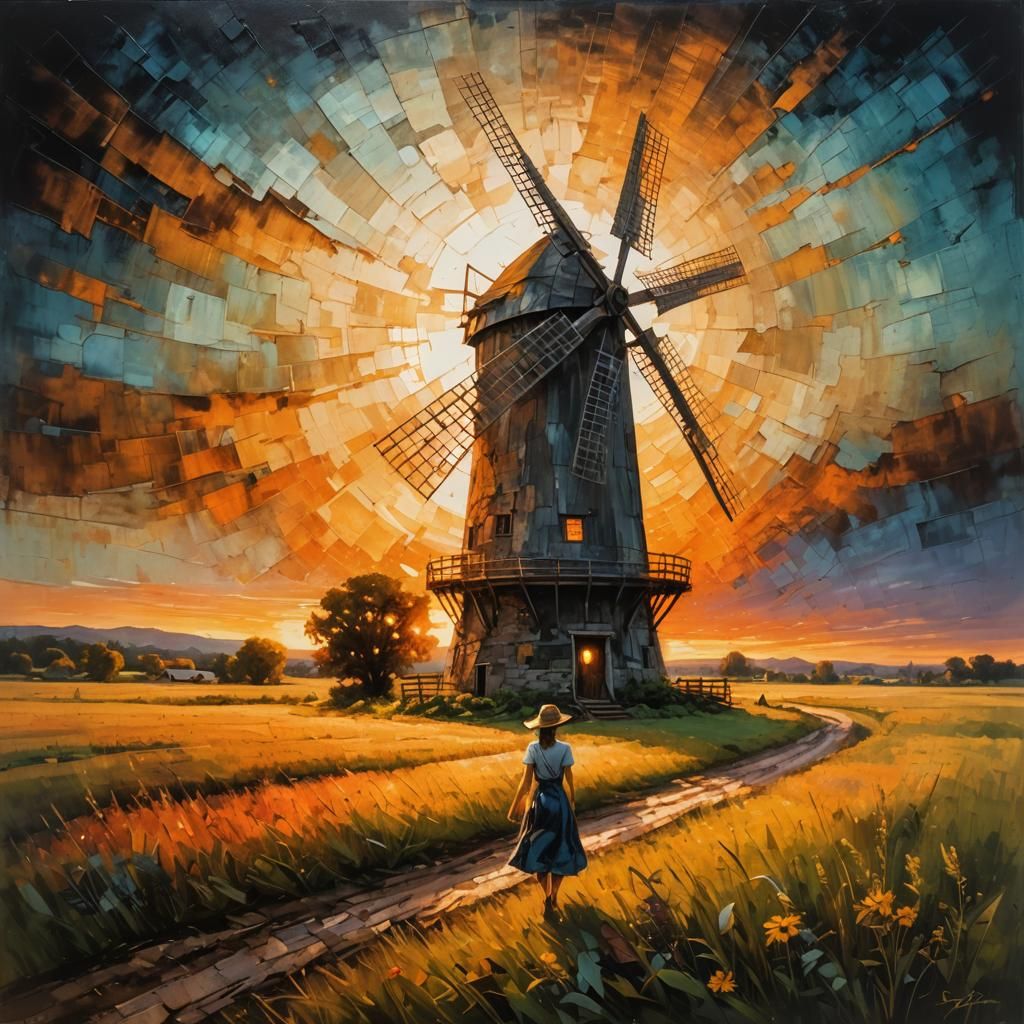 Rustic Windmill in Motion: Acrylic Painting with Summer Suns...