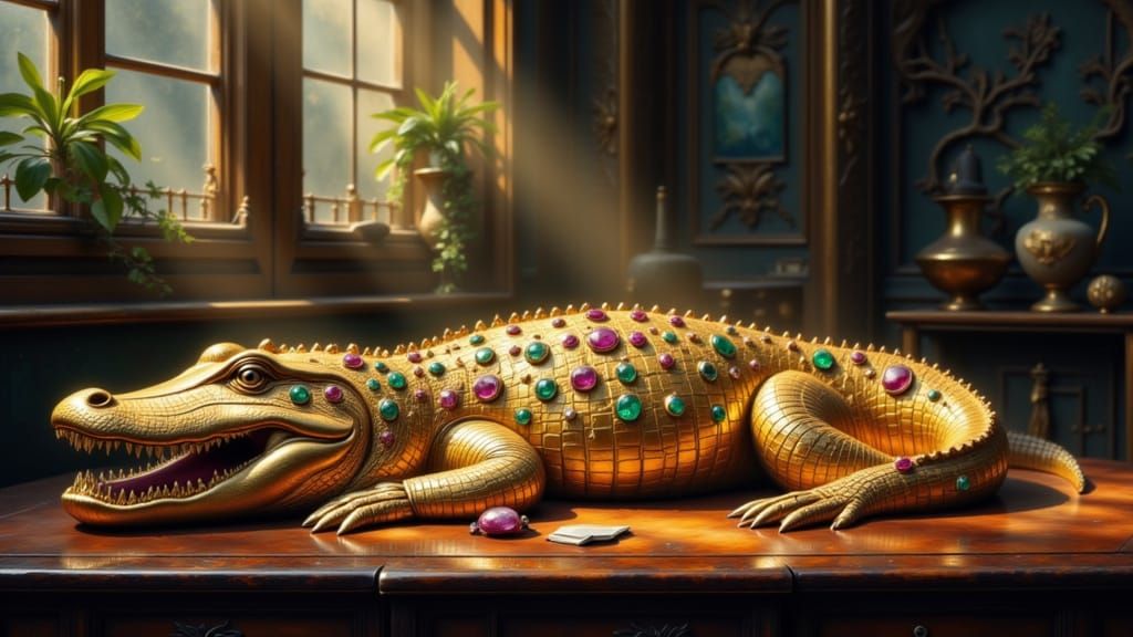 Golden Crocodile Treasure Sculpture with Gemstones