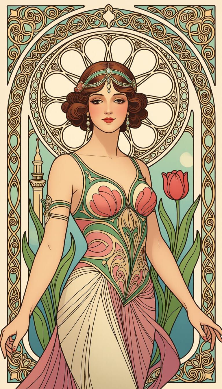 Art Nouveau Turkish Muse with Mosaic Tendrils