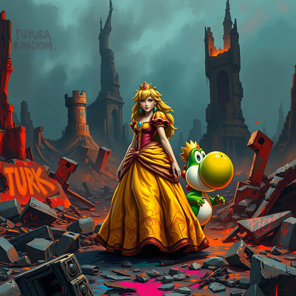 Post-Apocalyptic Princess Peach and Yoshi in Dark Fantasy