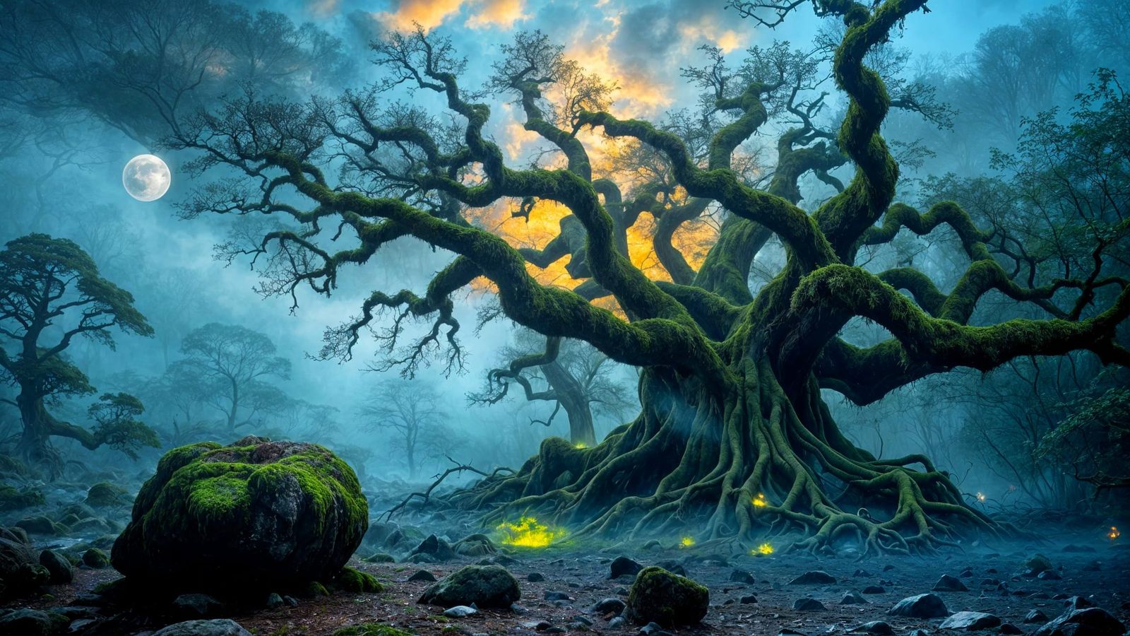 Surreal Foggy Landscape with Sculptural Mist and Glowing Mos...