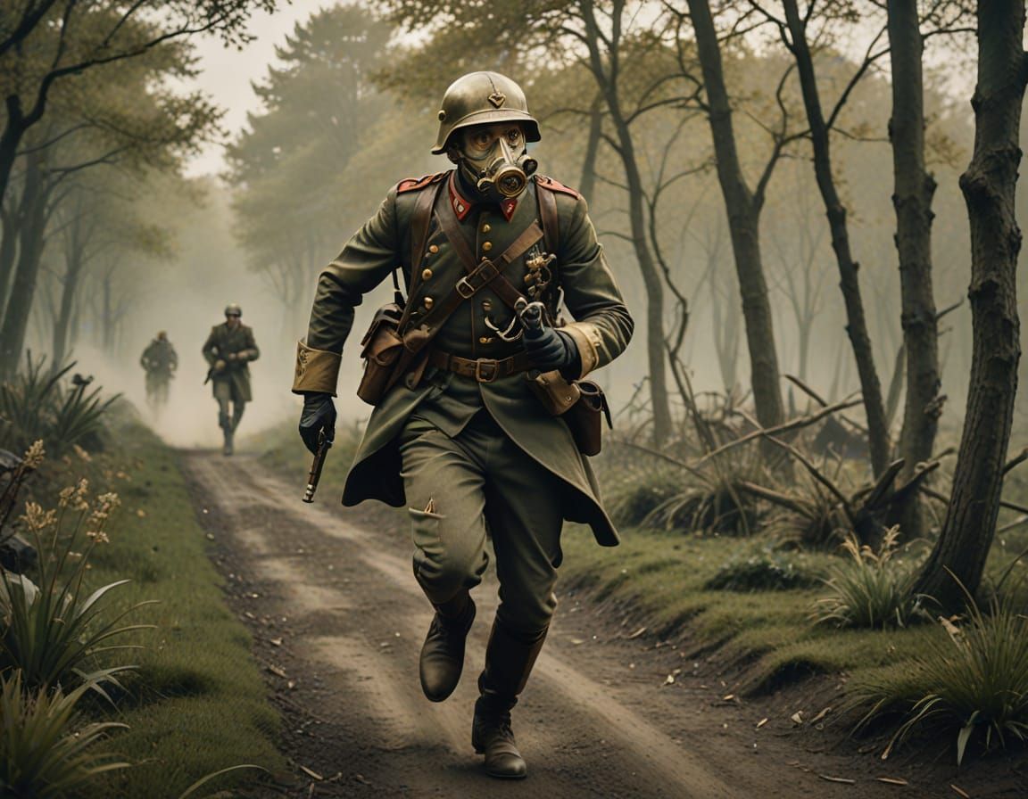 Steampunk French Soldier in Rushing Cinematic Scene