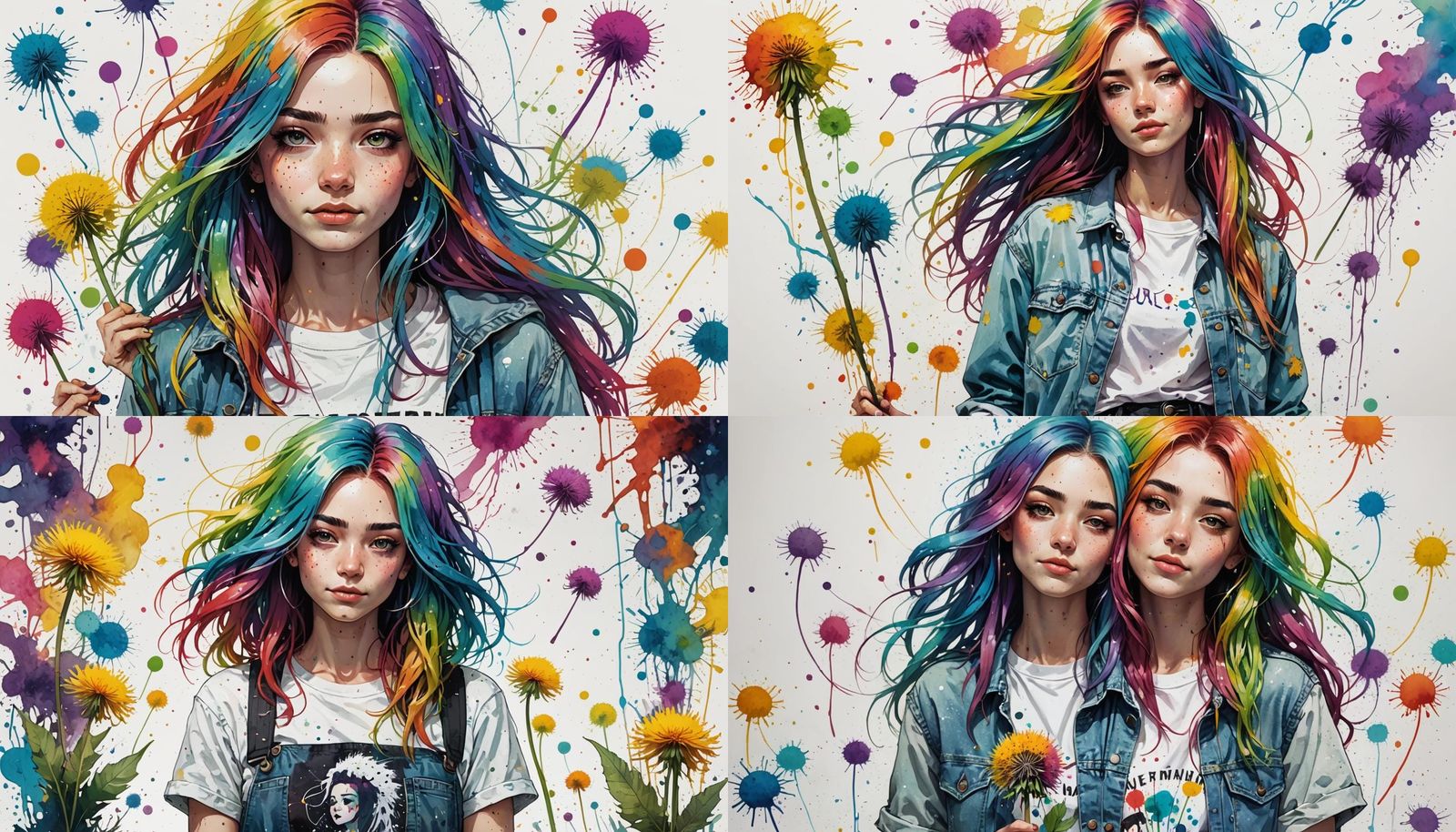 Rainbow Hair Woman with Dandelion, in Anime Art Style