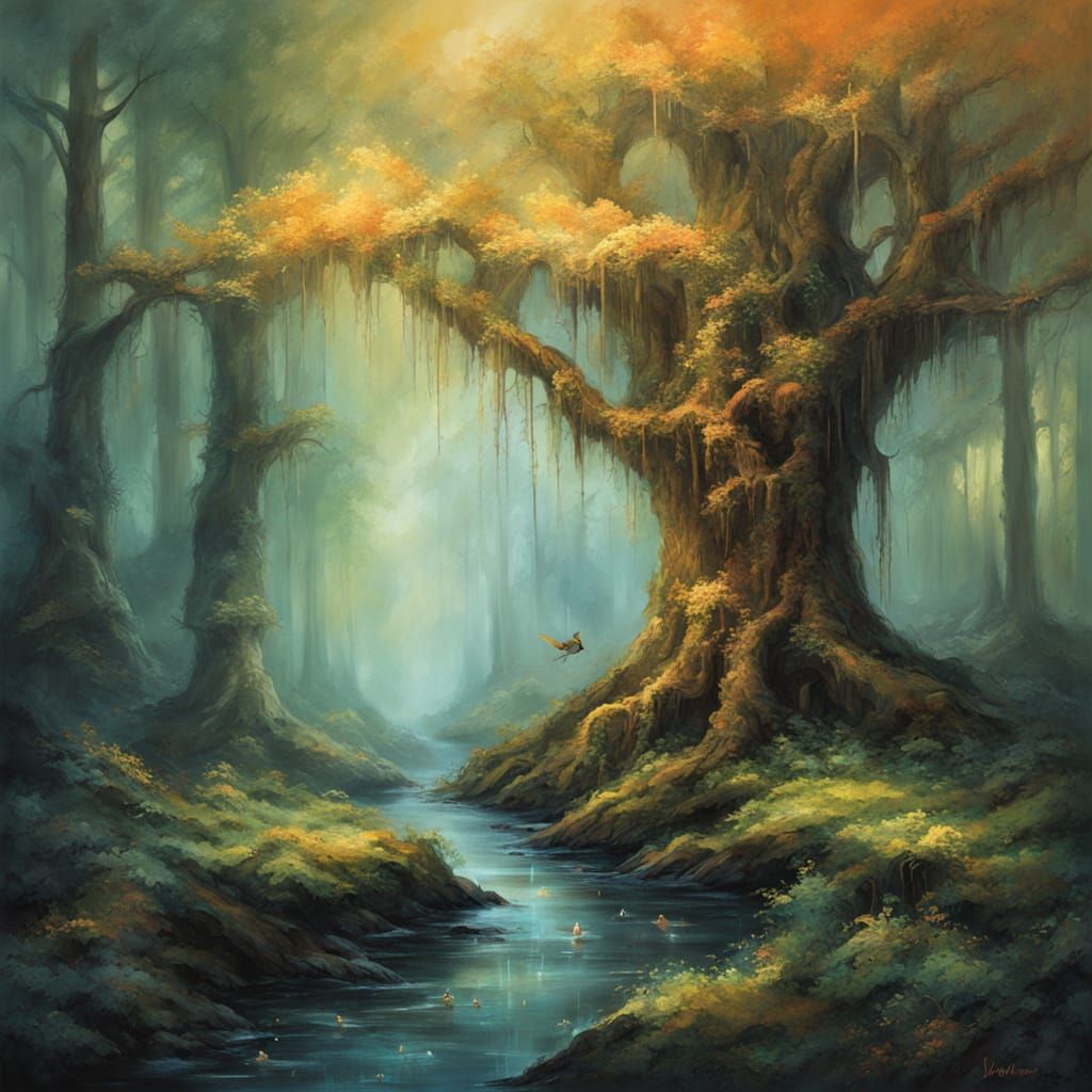 Ancient Forest Tree With Glowing Fungi and Ruins