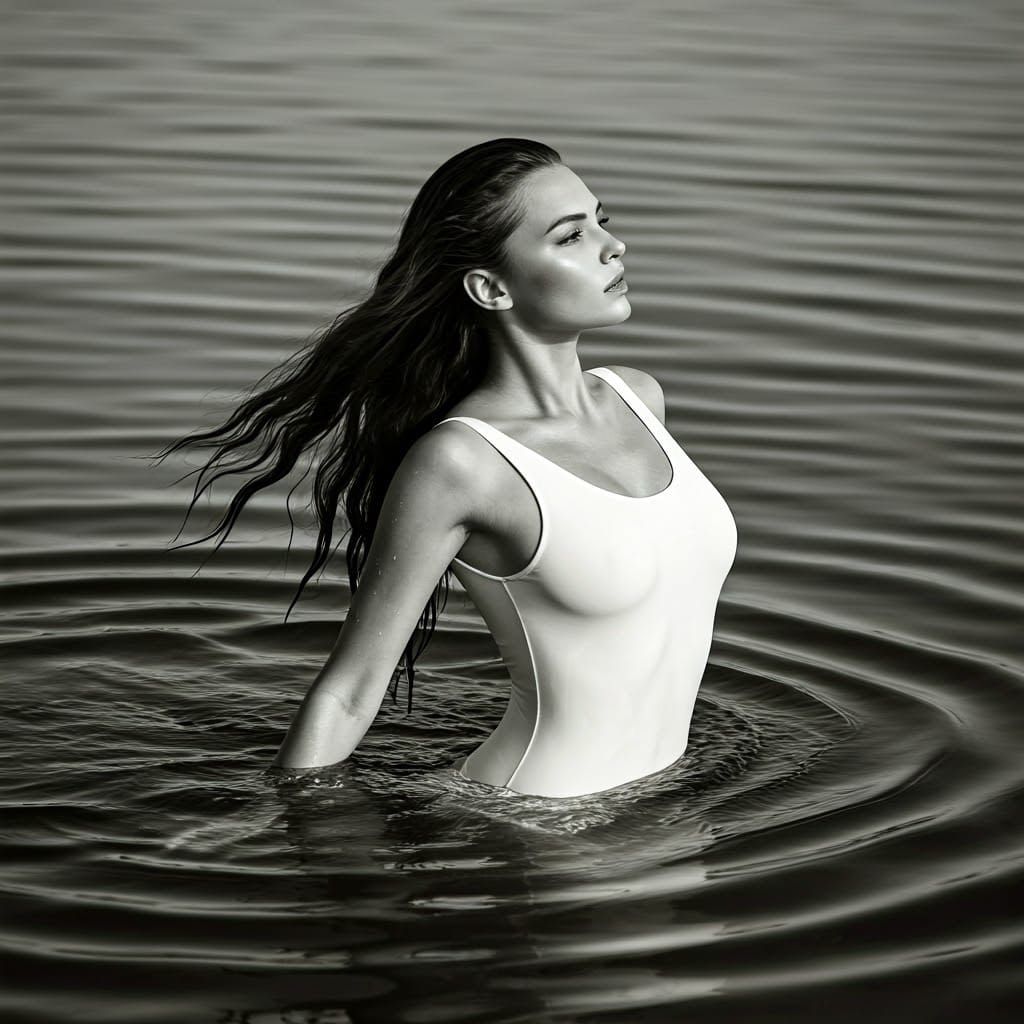 Ethereal Supermodel Dissolving into Water, Monochrome Photog...