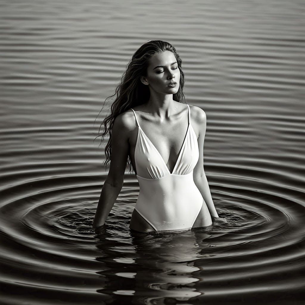 Monochrome Beauty: Supermodel in Lake, Ansel Adams Style