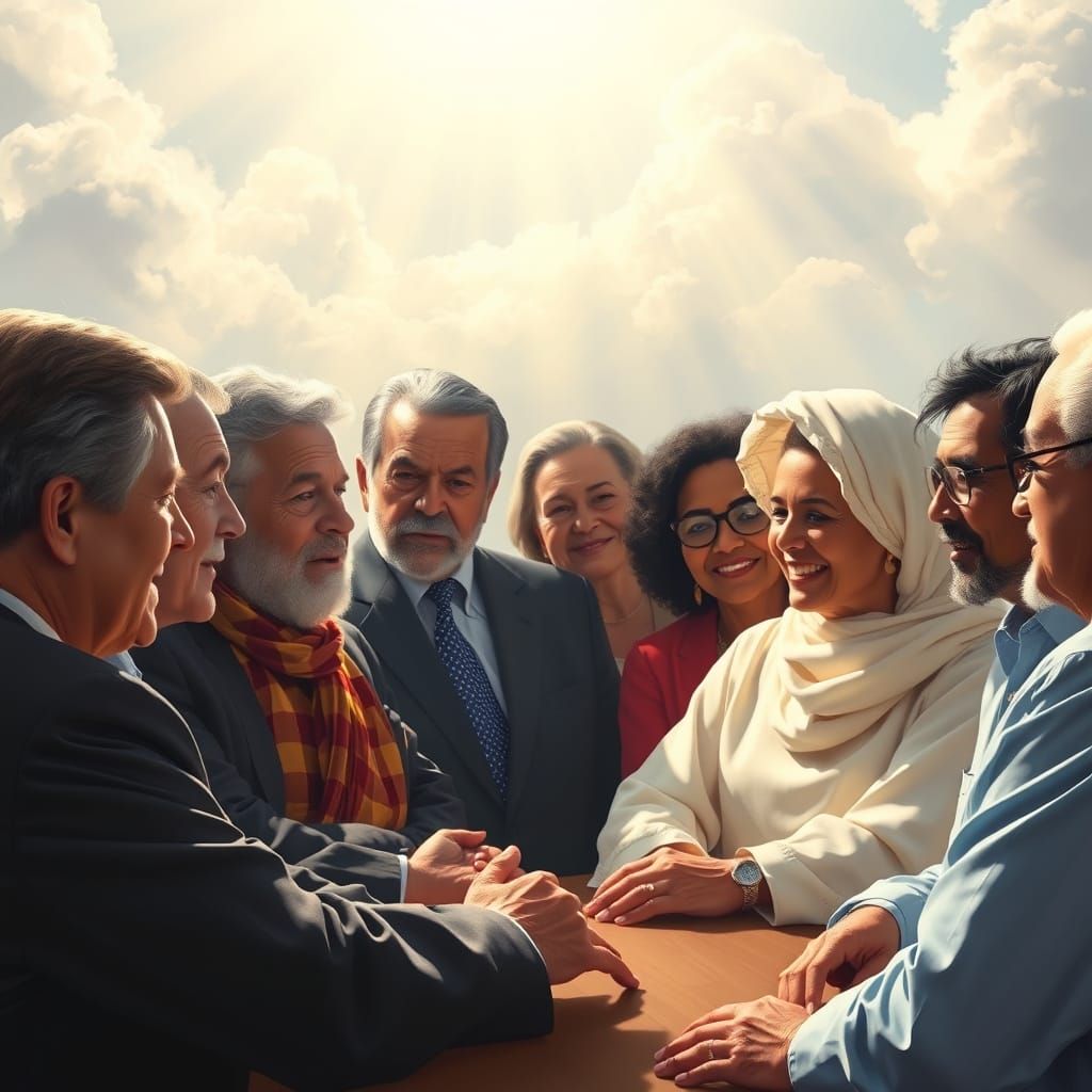 Diverse Leaders in Harmonious Meeting Under Divine Light
