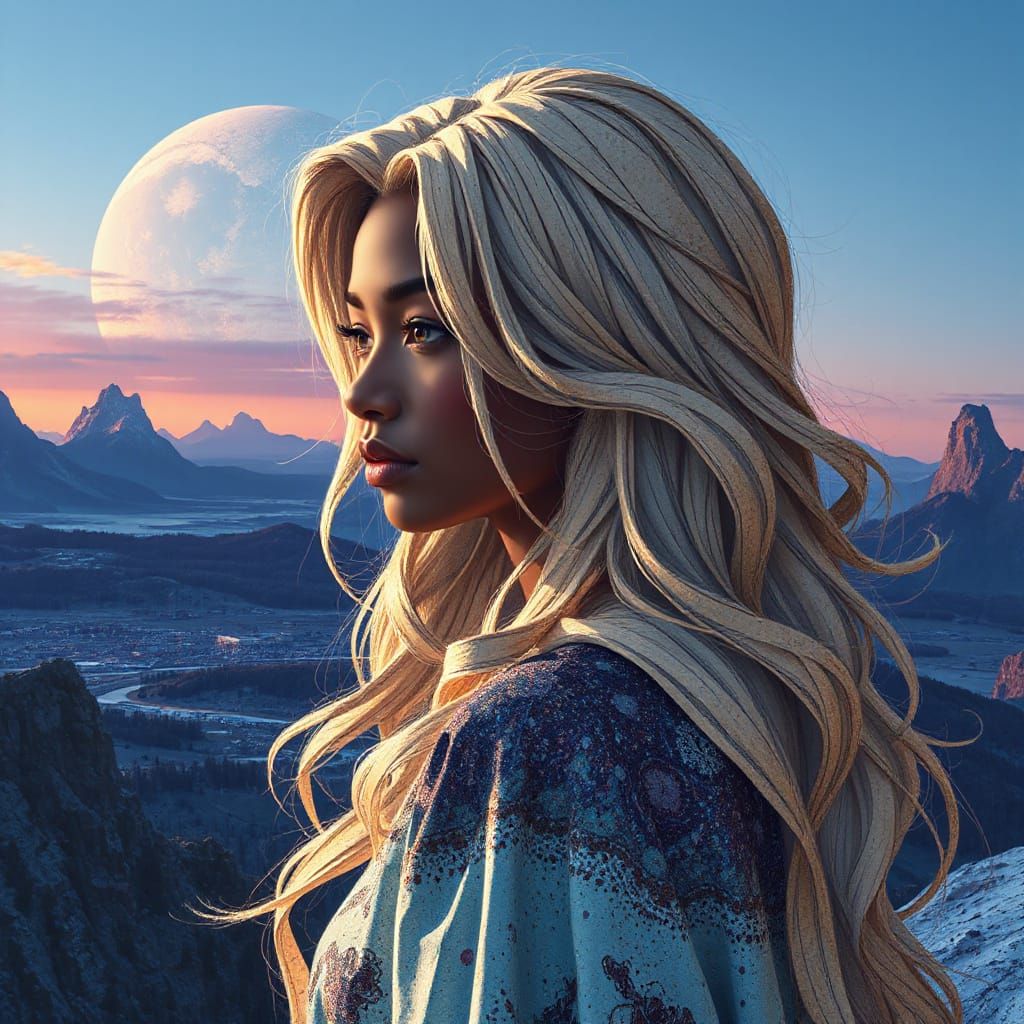 Woman in Fractal Landscape with Zentangle Patterns