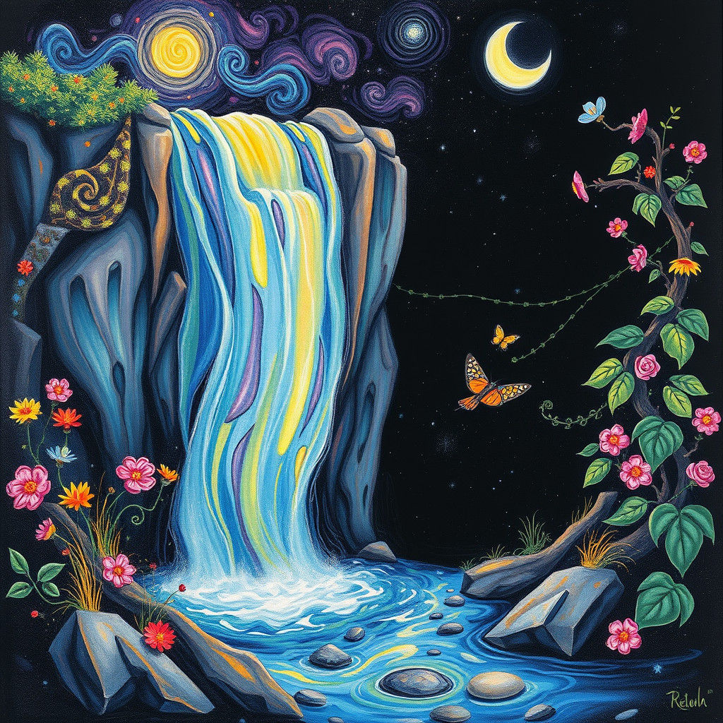 Whimsical Waterfall as Van Gogh-Inspired Matte Painting