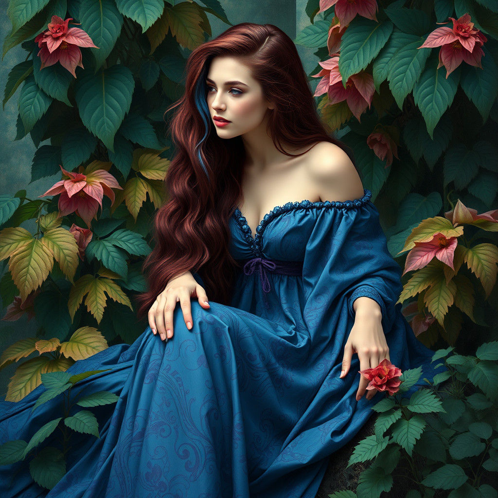 Woman with Flowing Hair in Art Nouveau Style