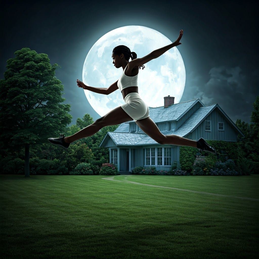 Woman's Moonlit High Jump in Hyper-Realistic Style
