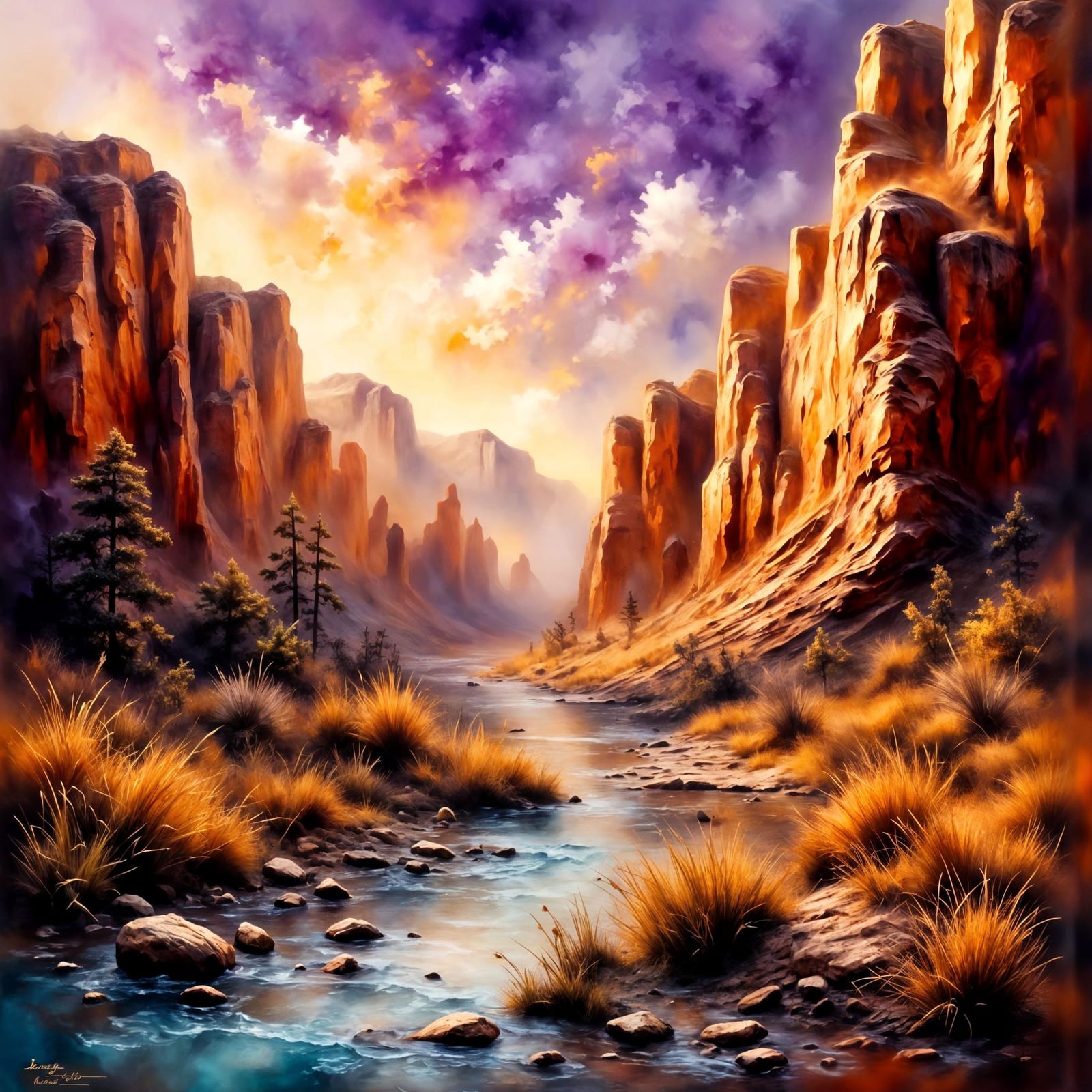 Majestic Canyon at Golden Hour, Impasto Style