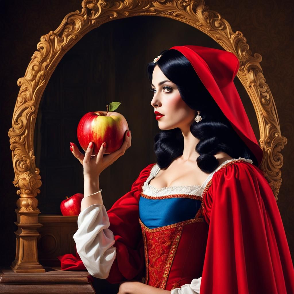 Snow White Witch with Red Apple and Mirror