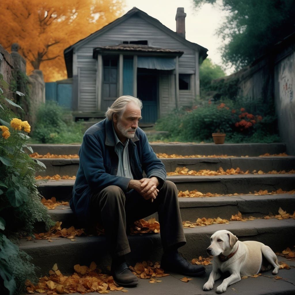 Elderly Man Contemplates Life's Transience in Autumnal Hush