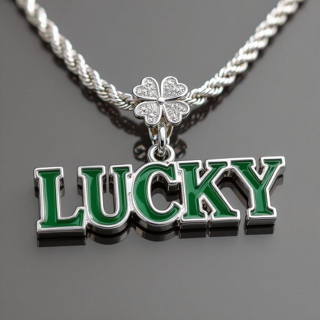 Silver Rope Chain Necklace with 'Lucky' Pendant and Clover