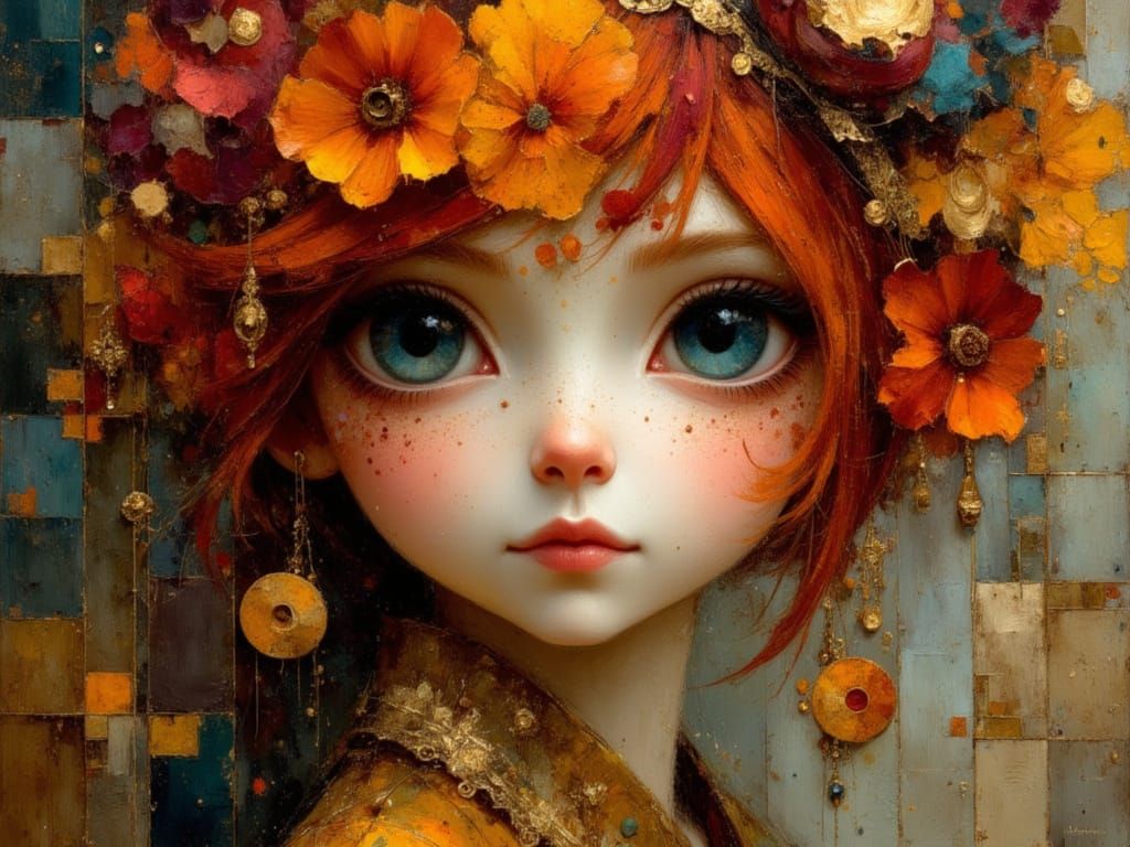 Ethereal Gypsy Punk with Wild Red Hair and Huge Eyes