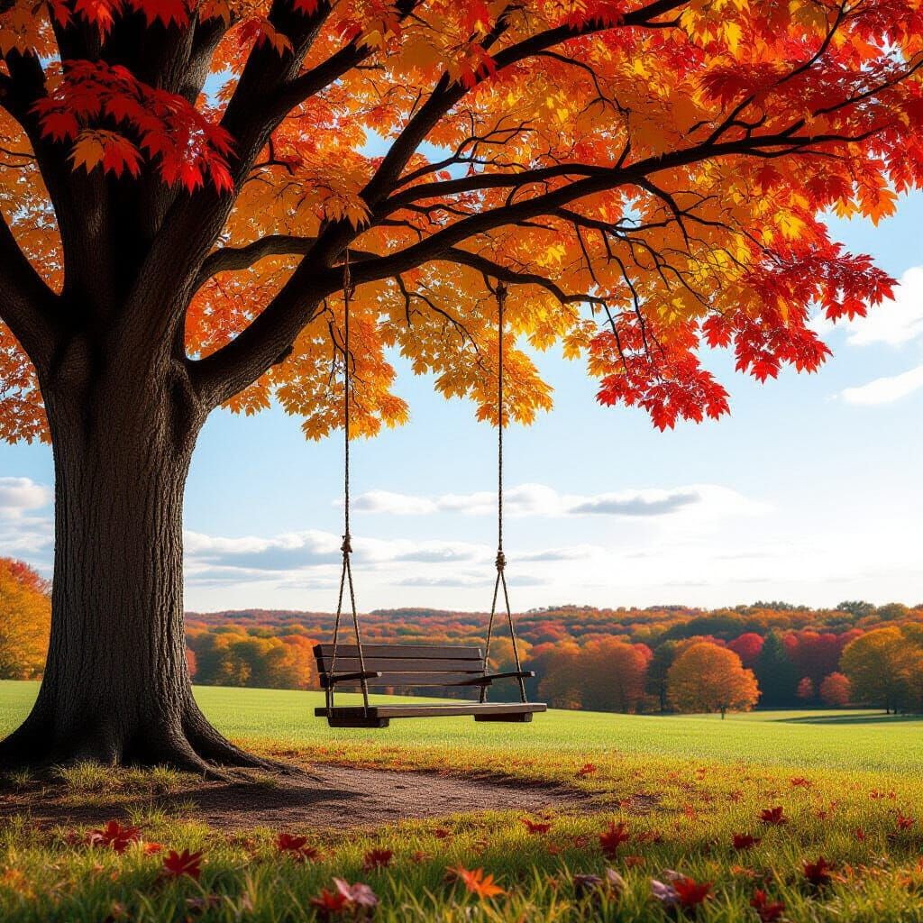 Autumn Swing on Sugar Maple Tree Under Sunny Blue Sky