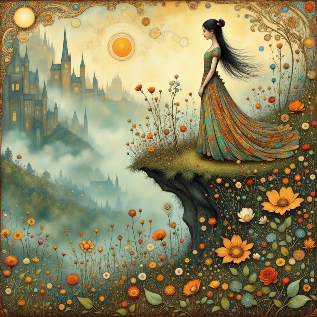 Woman Surrounded by Wildflowers in Art Nouveau Style