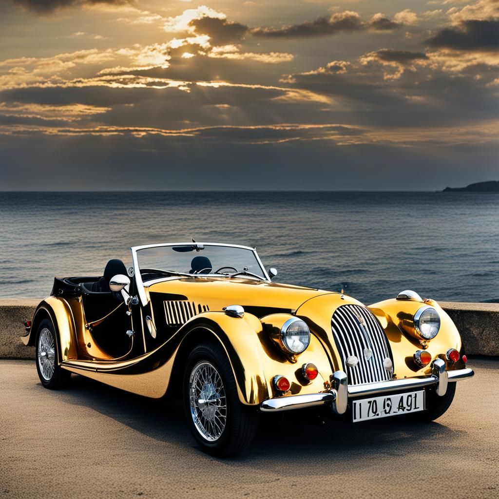 Golden Classic Car by the Sea