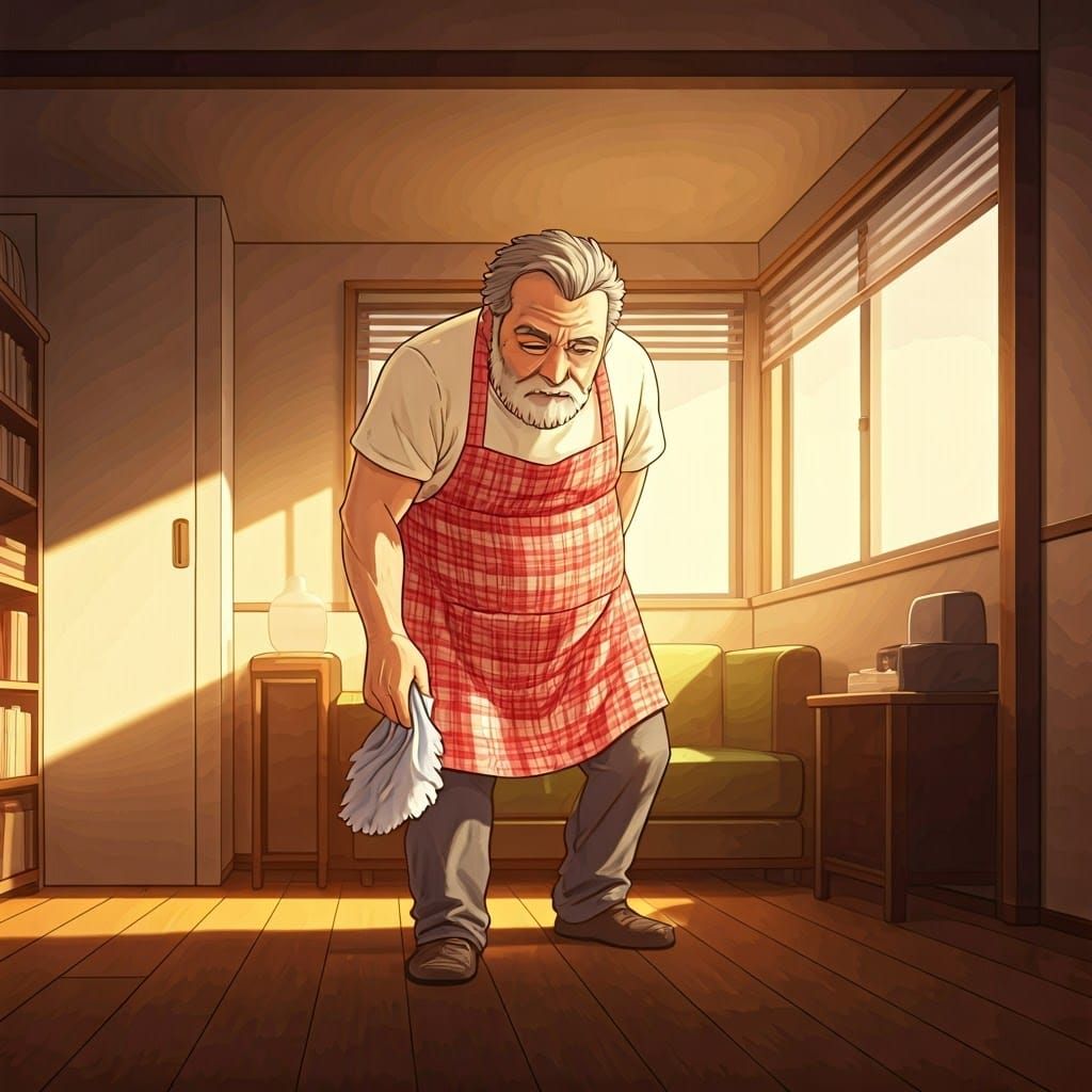 Elderly Man Cleaning Apartment in Anime Style