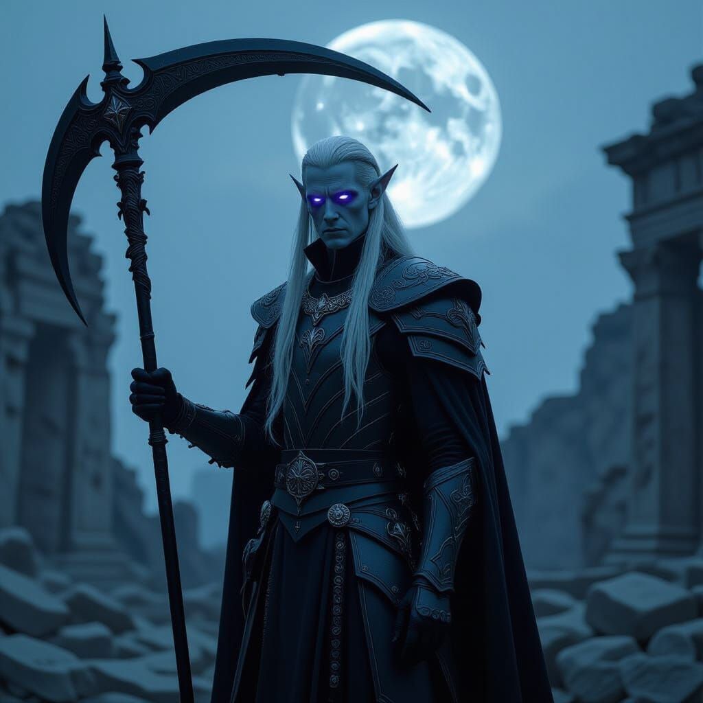 Gaunt Shadar-Kai Elf in Ruined Temple, Cinematic Still