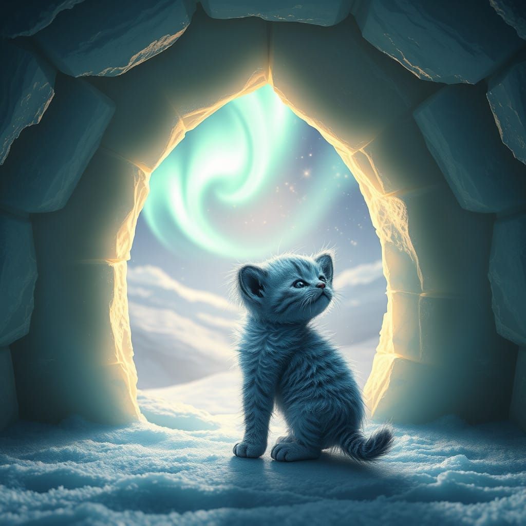 Kitten Gazing at Northern Lights in an Icy Igloo