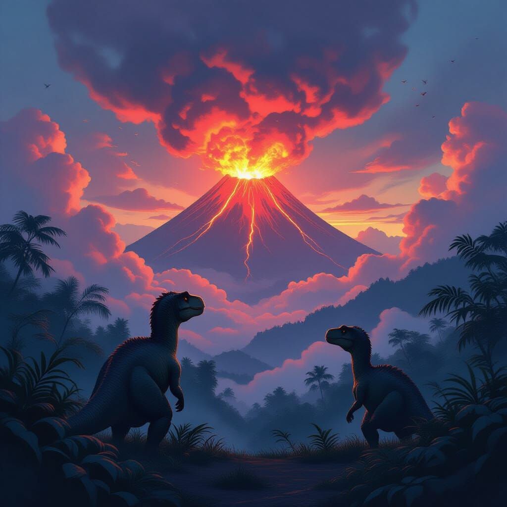 Dinosaurs Watch a Volcano Erupt in Awe