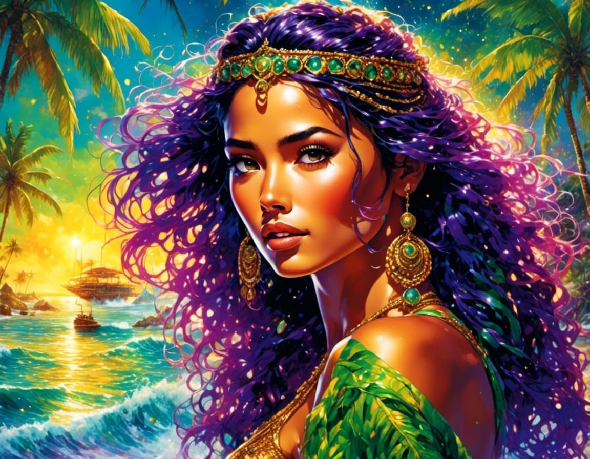 Seductive Polynesian Girl in Tropical Harbour