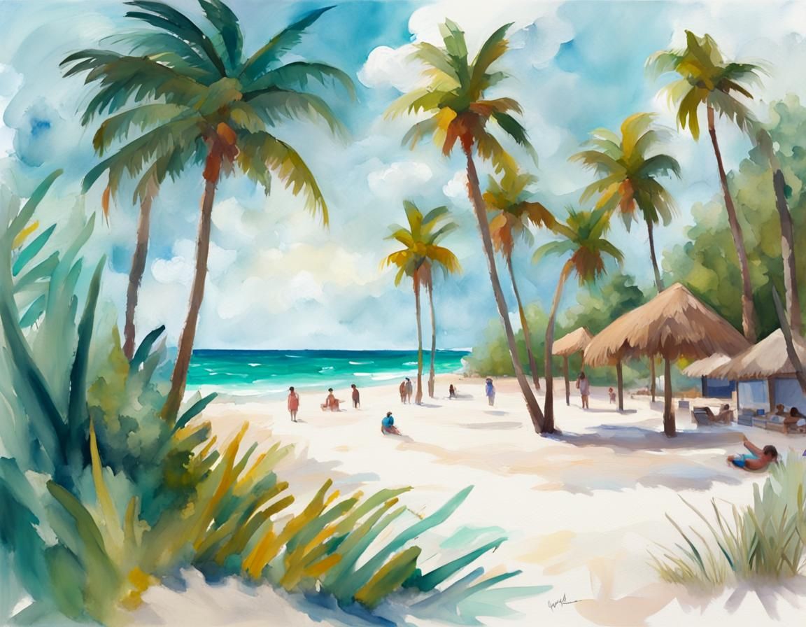 Tropical Beach Scene in Gouache Watercolor Style