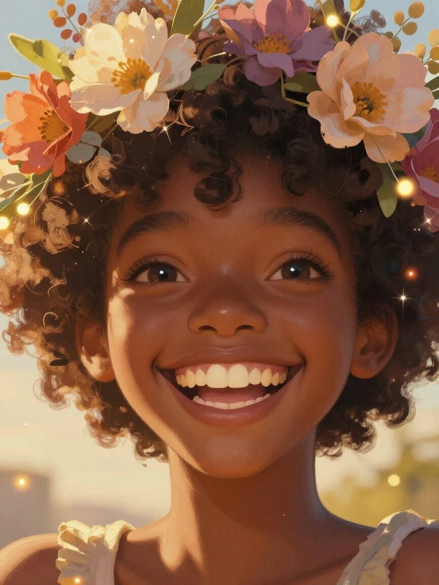 Joyful Portrait with Flower Crown in Golden Hour Light