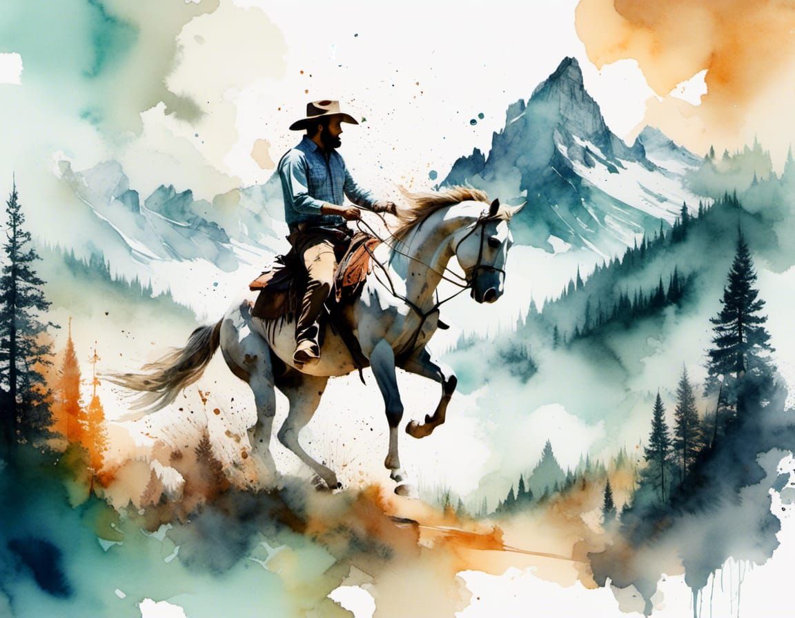Cowboy Double Exposure: Mountain Adventure in Watercolor