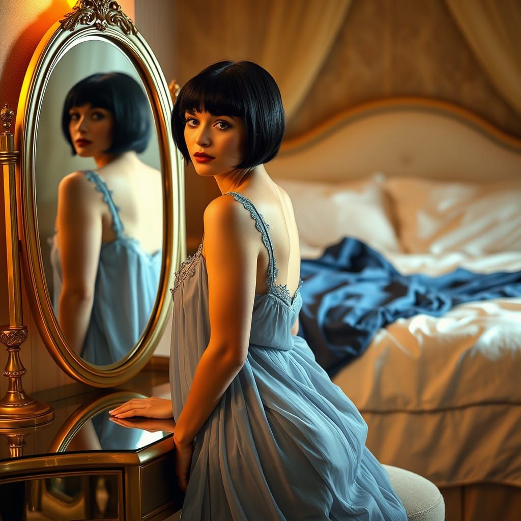 Ethereal Woman in Page Boy Hair, Sheer Blue Nightgown, and G...