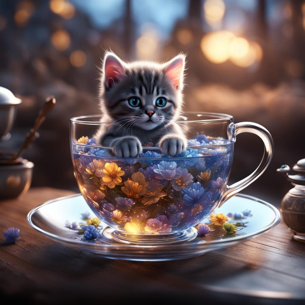 Kitten in Teacup: Detailed Digital Matte Painting