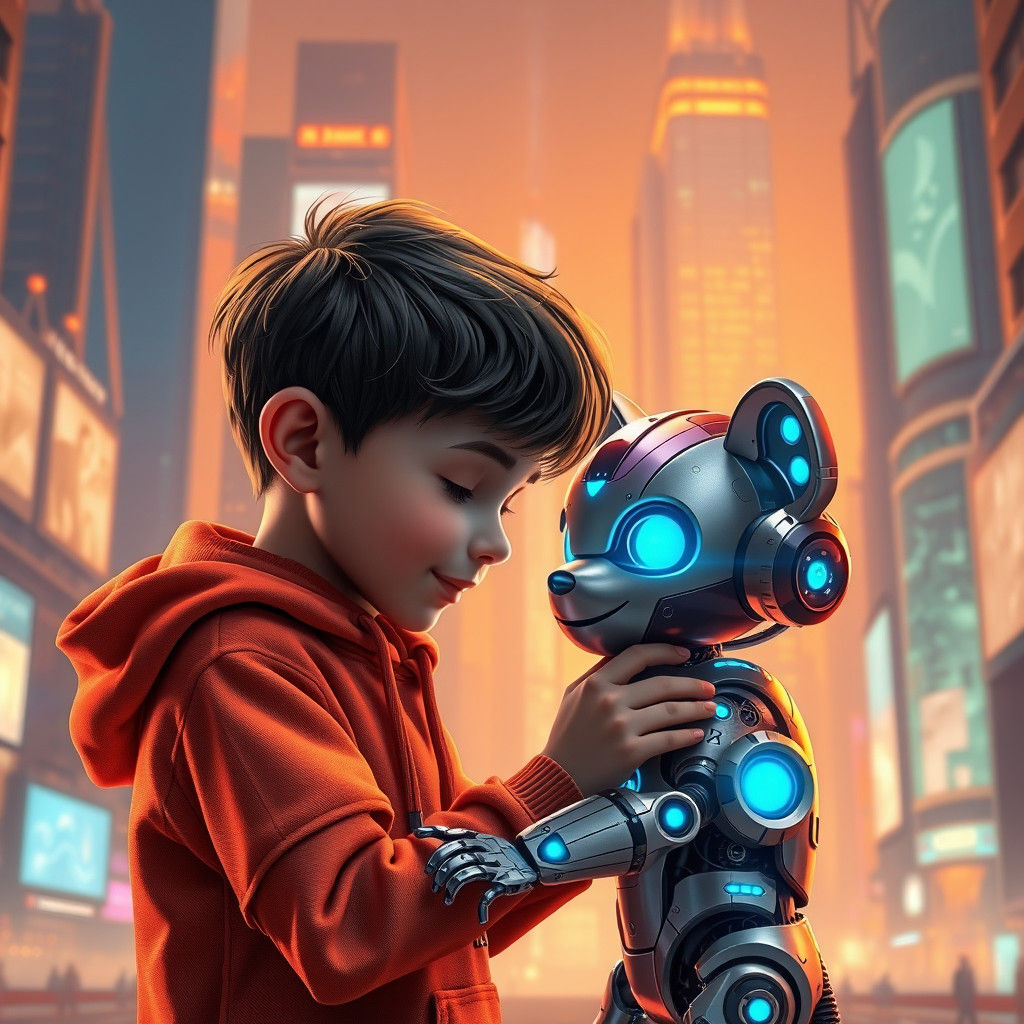 Boy and Robot Cub in Industrial Cyberpunk Cityscape