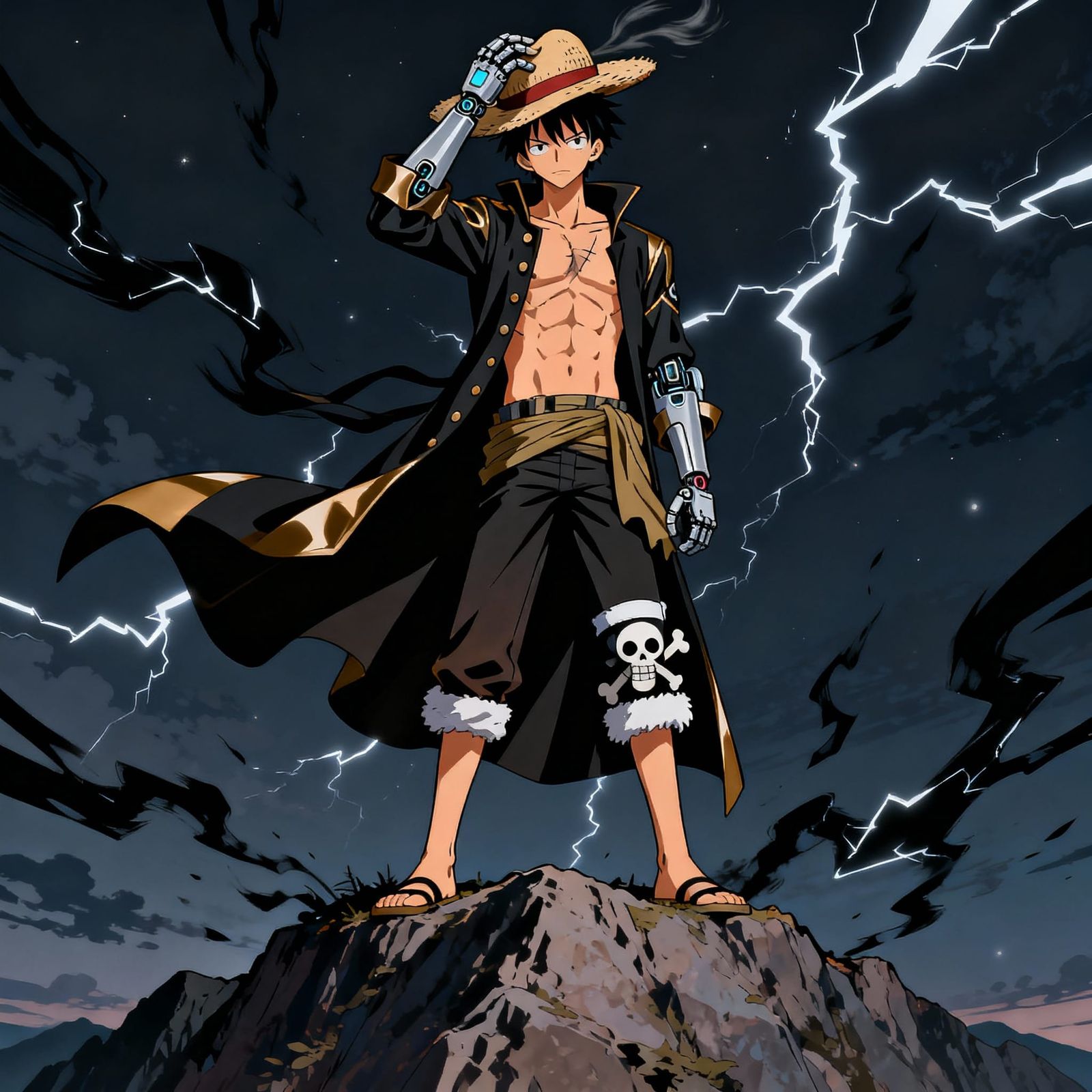Anime Man in Billowing Coat on Mountain Top