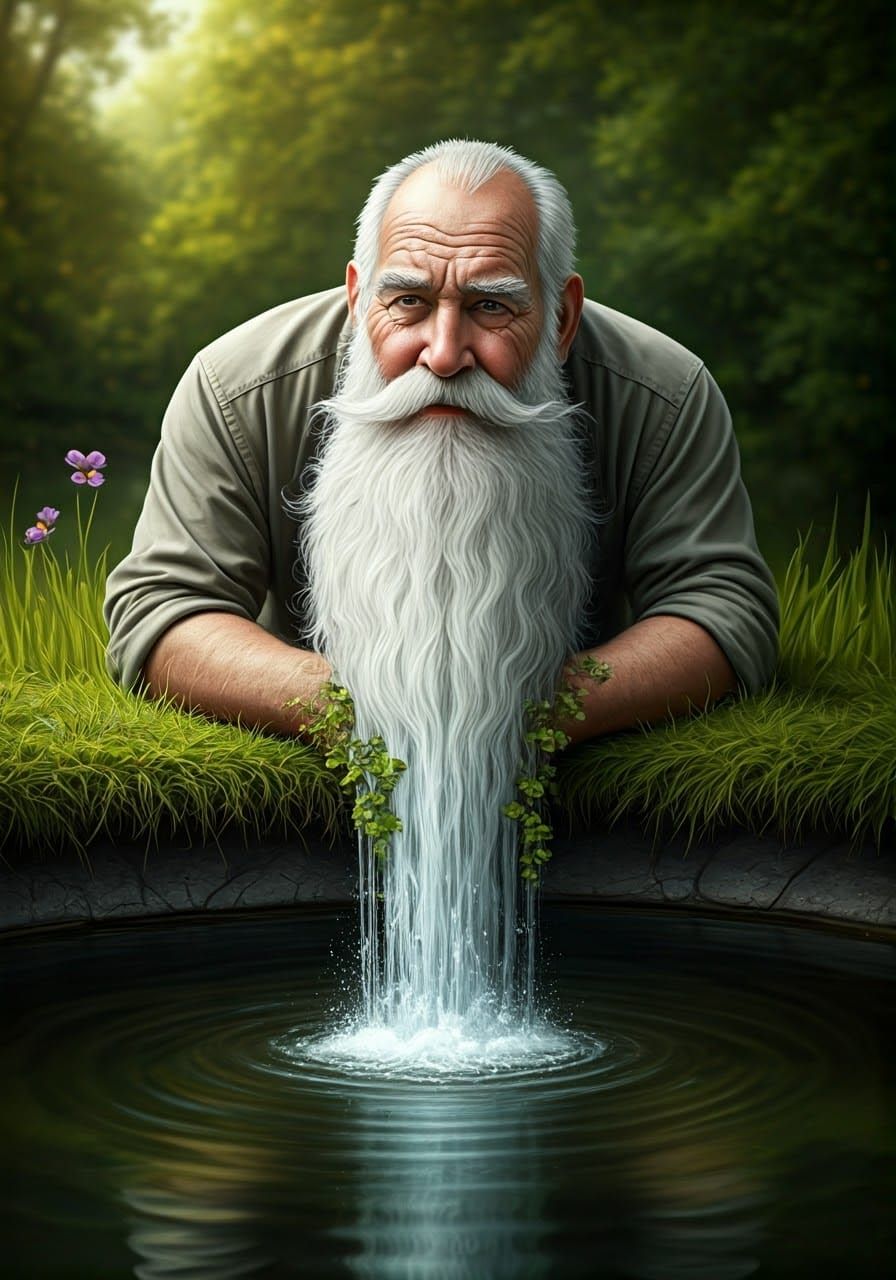 A bearded old man with a (whimsical beard)+++ shaped to look...