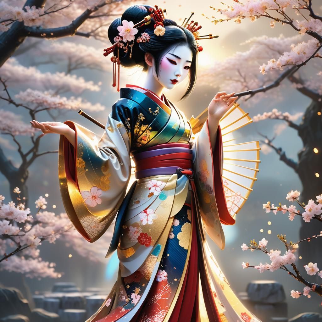 Ethereal Cybernetic Geisha in Digital Anime Art